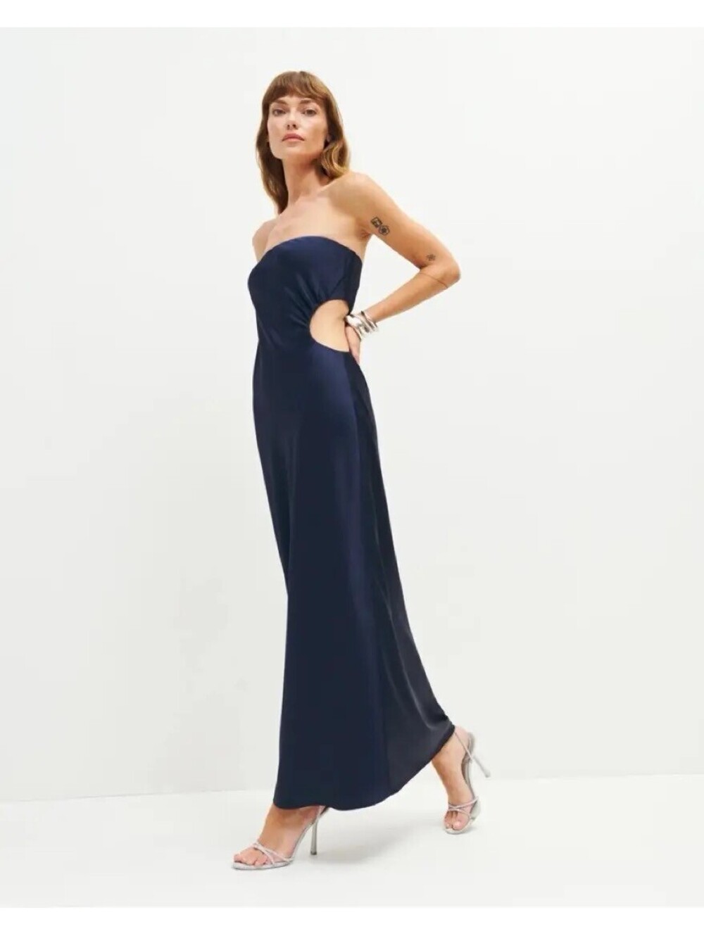 Reformation Nevaeh Satin Strapless Cutout Dress Danube Navy Medium